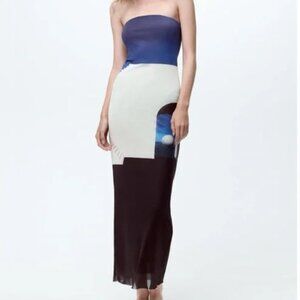 Zara Rene Magritte Tulle Print Strapless Dress Blue and Black Geometric Design